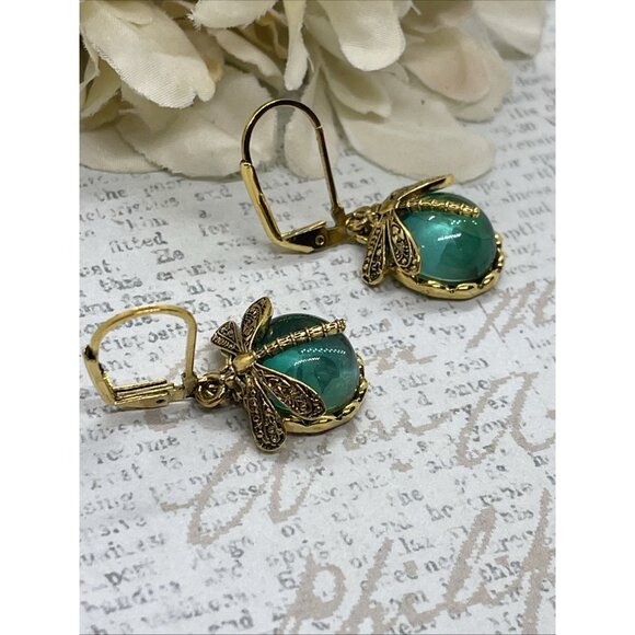 Gold plate Iridescent Dragonfly Wire Green Earrings Fall Gift Mom Birthday Wife - Picture 4 of 15